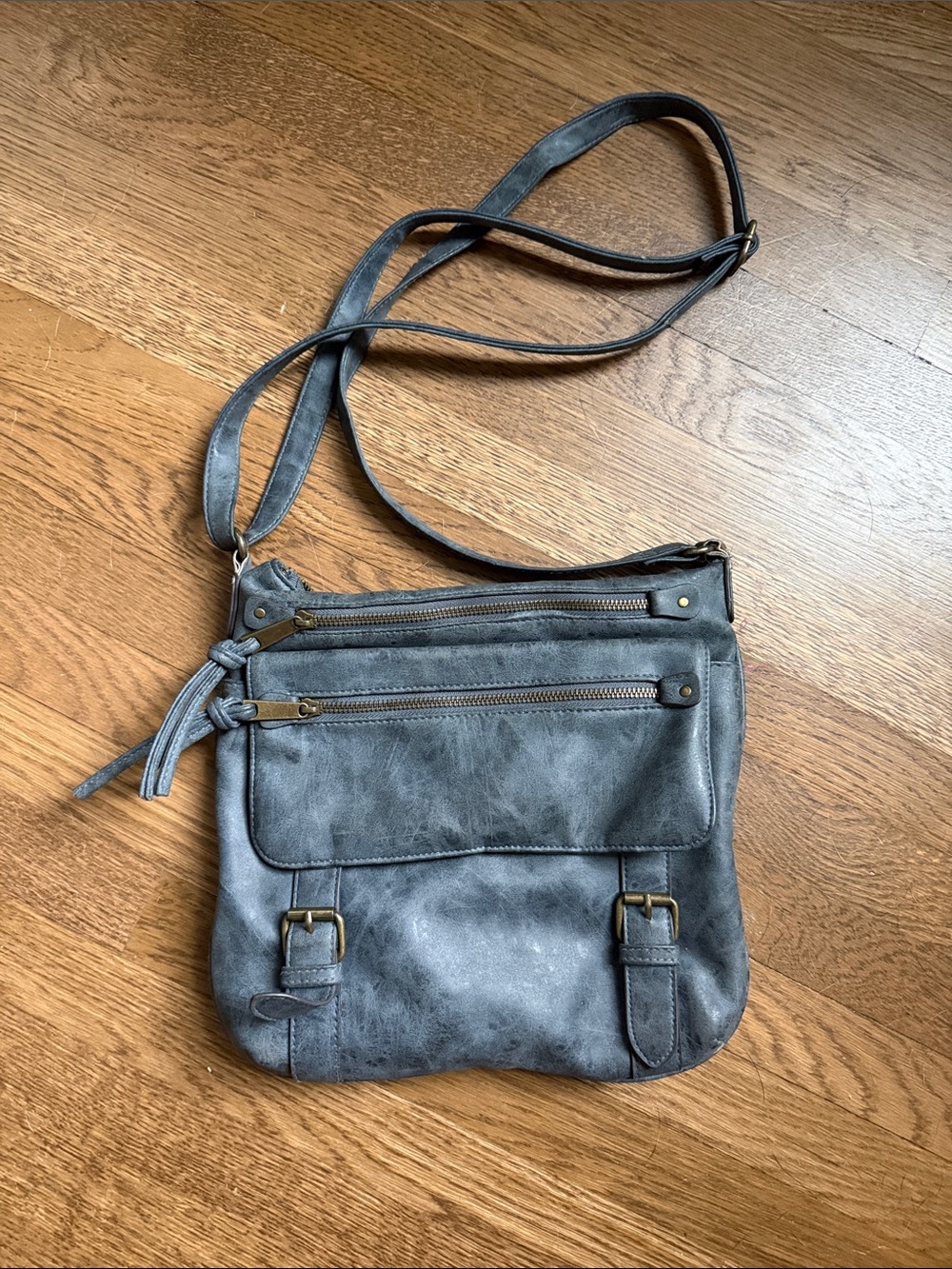 Gray Faux-Leather Crossbody Bag with Front Zips
